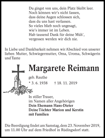 Traueranzeige von Margarete Reimann von lausitzer_rundschau