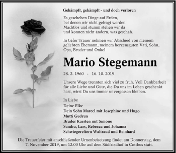 Traueranzeige von Mario Stegemann von lausitzer_rundschau