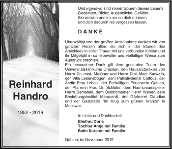 Traueranzeige von Reinhard Handro von lausitzer_rundschau