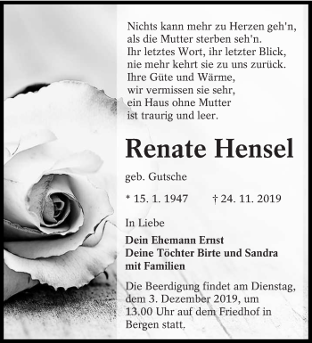 Traueranzeige von Renate Hensel von lausitzer_rundschau