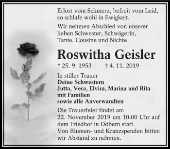 Traueranzeige von Roswitha Geisler von lausitzer_rundschau