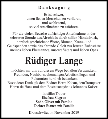 Traueranzeige von Rüdiger Lange von lausitzer_rundschau