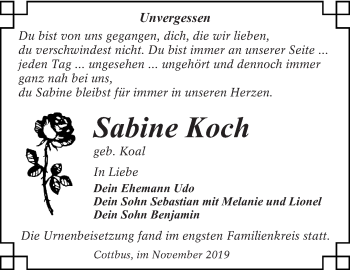 Traueranzeige von Sabine Koch von lausitzer_rundschau