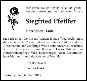 Traueranzeige von Siegfried Pfeiffer von lausitzer_rundschau
