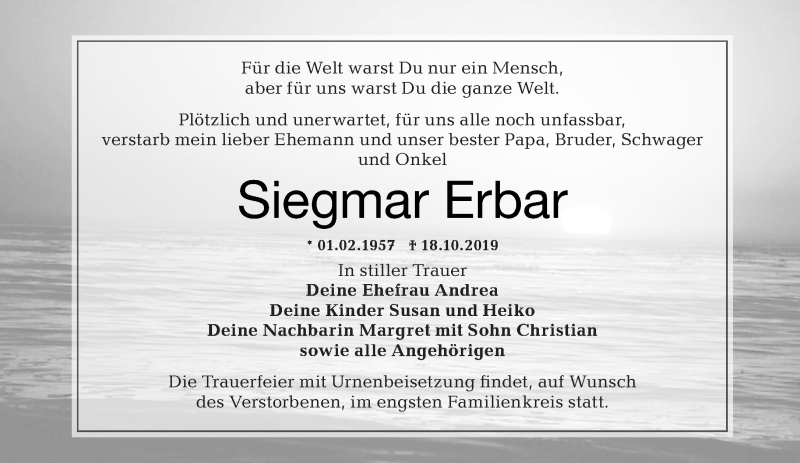  Traueranzeige für Siegmar Erbar vom 09.11.2019 aus lausitzer_rundschau