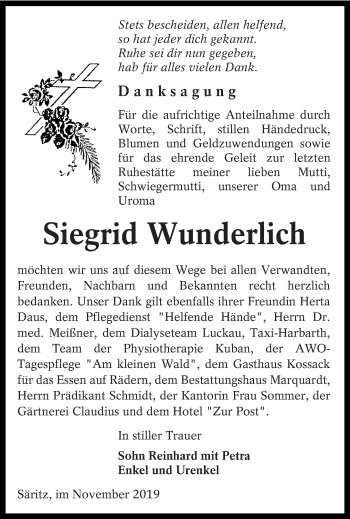 Traueranzeige von Siegrid Wunderlich von lausitzer_rundschau