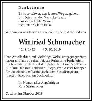 Traueranzeige von Winfried Schumacher von lausitzer_rundschau