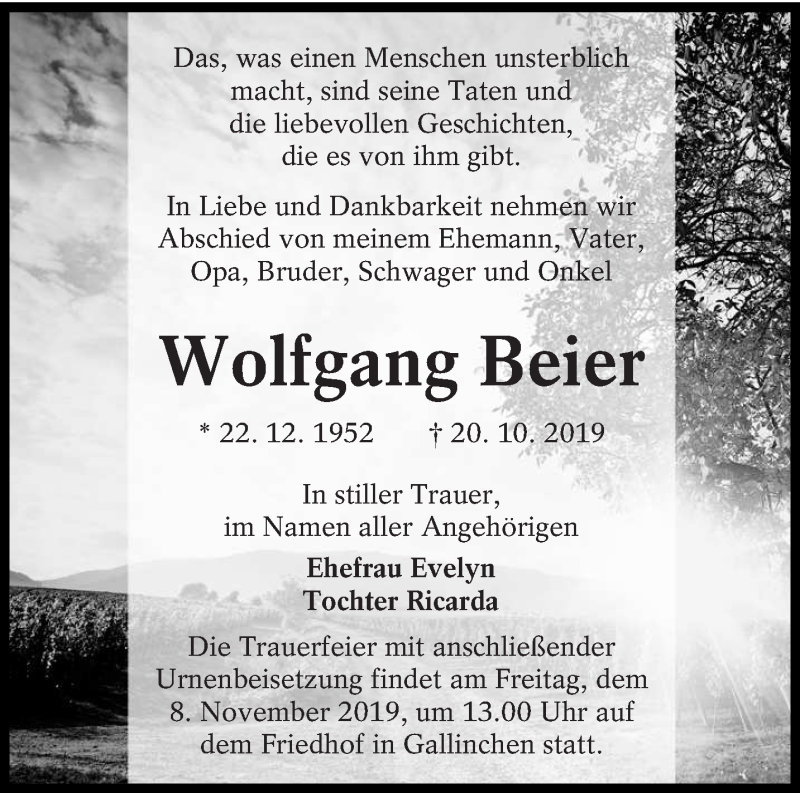  Traueranzeige für Wolfgang Beier vom 02.11.2019 aus lausitzer_rundschau