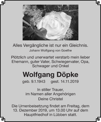 Traueranzeige von Wolfgang Döpke von lausitzer_rundschau