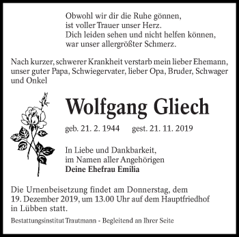 Traueranzeige von Wolfgang Gliech von lausitzer_rundschau