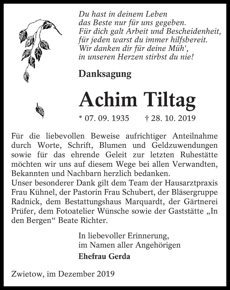  Traueranzeige für Achim Tiltag vom 07.12.2019 aus lausitzer_rundschau