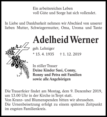Traueranzeige von Adelheid Werner von lausitzer_rundschau