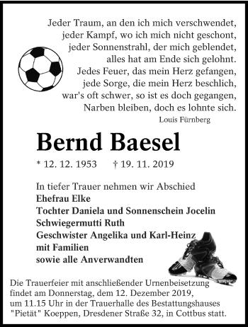 Traueranzeige von Bernd Baesel von lausitzer_rundschau
