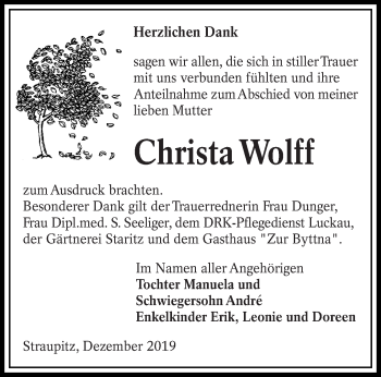Traueranzeige von Christa Wolff von lausitzer_rundschau