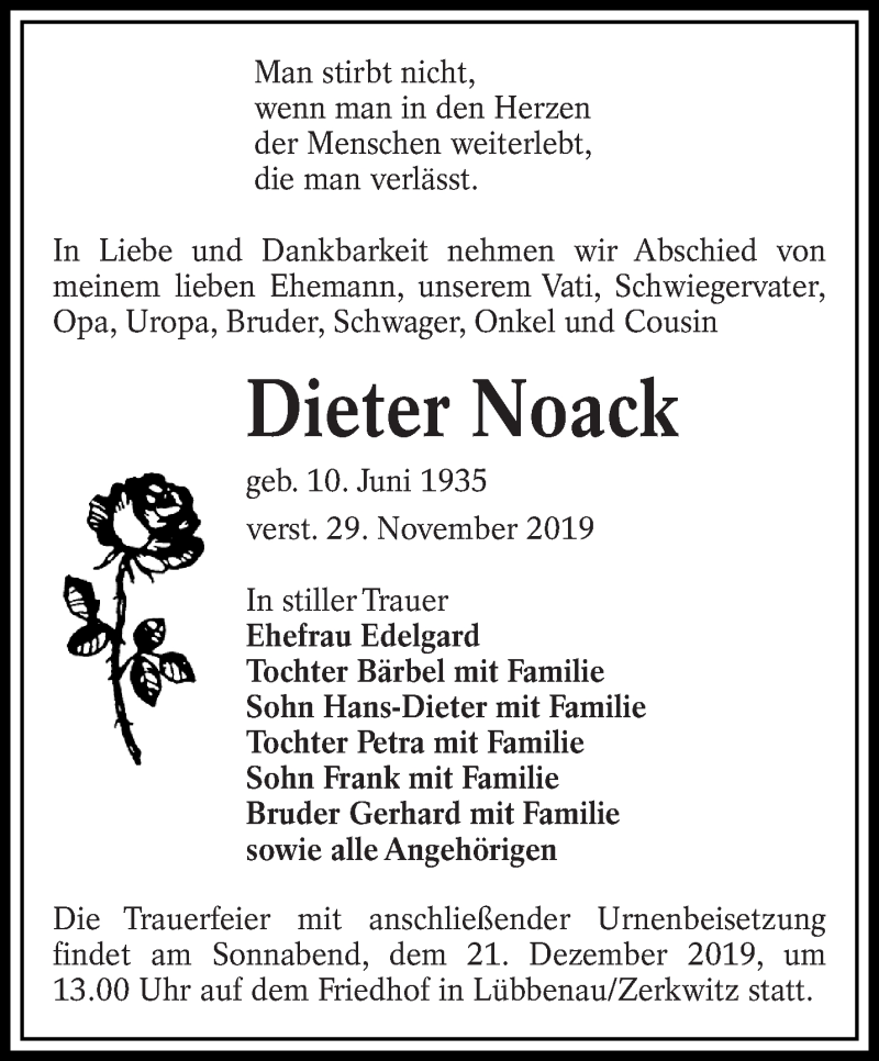  Traueranzeige für Dieter Noack vom 14.12.2019 aus lausitzer_rundschau