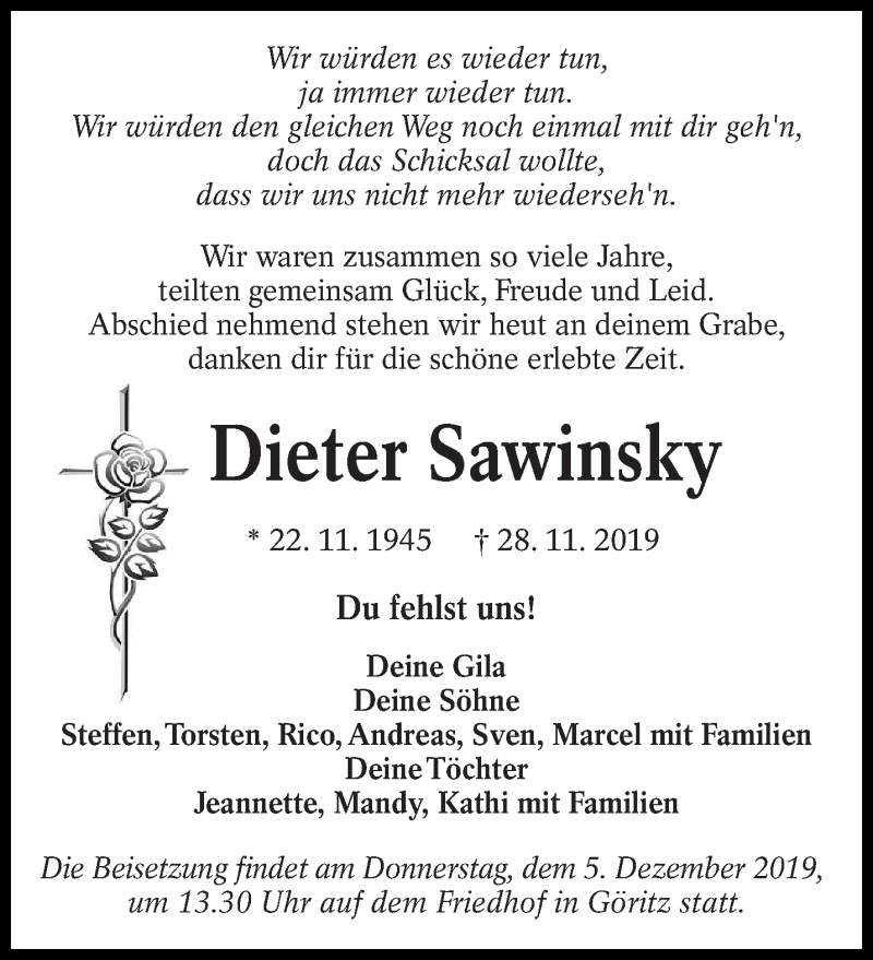  Traueranzeige für Dieter Sawinsky vom 30.11.2019 aus lausitzer_rundschau