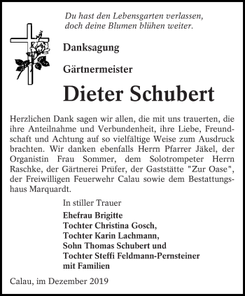 Traueranzeige von Dieter Schubert von lausitzer_rundschau