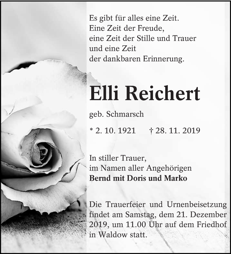  Traueranzeige für Elli Reichert vom 07.12.2019 aus lausitzer_rundschau