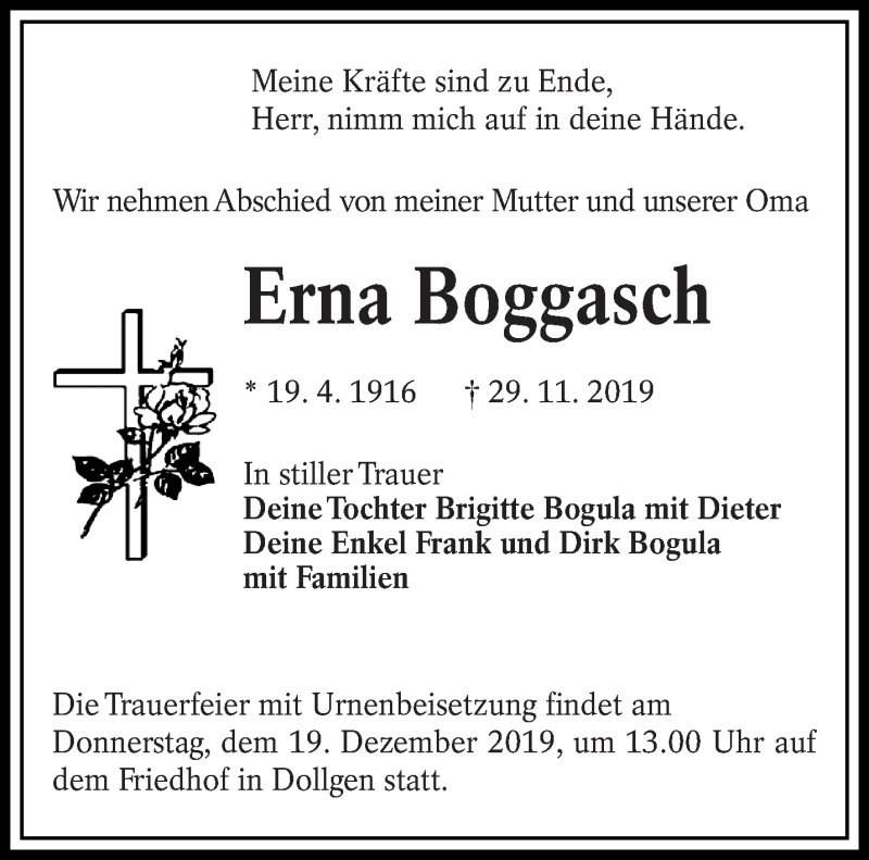  Traueranzeige für Erna Boggasch vom 07.12.2019 aus lausitzer_rundschau