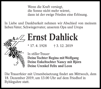 Traueranzeige von Ernst Dahlick von lausitzer_rundschau