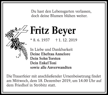Traueranzeige von Fritz Beyer von lausitzer_rundschau