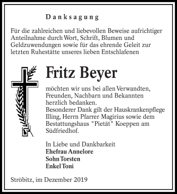 Traueranzeige von Fritz Beyer von lausitzer_rundschau