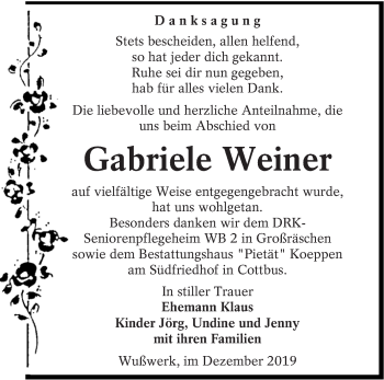 Traueranzeige von Gabriele Weiner von lausitzer_rundschau