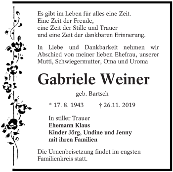 Traueranzeige von Gabriele Weiner von lausitzer_rundschau