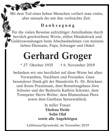 Traueranzeige von Gerhard Groger von lausitzer_rundschau