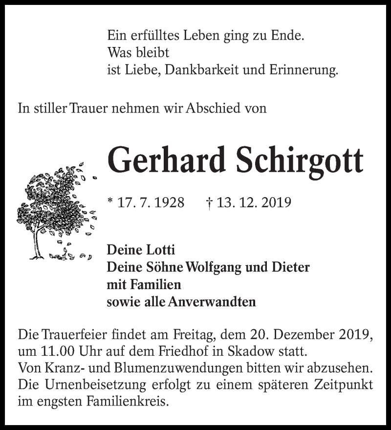  Traueranzeige für Gerhard Schirgott vom 18.12.2019 aus lausitzer_rundschau