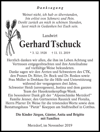 Traueranzeige von Gerhard Tschuck von lausitzer_rundschau