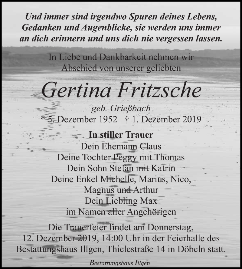  Traueranzeige für Gertina Fritzsche vom 07.12.2019 aus lausitzer_rundschau