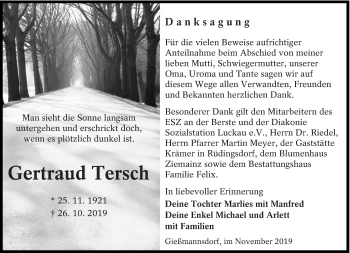 Traueranzeige von Gertraud Tersch von lausitzer_rundschau