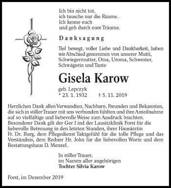 Traueranzeige von Gisela Karow von lausitzer_rundschau