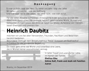 Traueranzeige von Heinrich Daubitz von lausitzer_rundschau