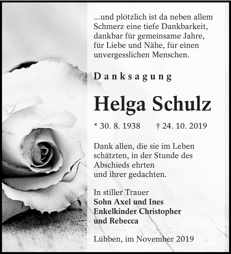  Traueranzeige für Helga Schulz vom 07.12.2019 aus lausitzer_rundschau
