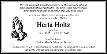 Traueranzeige von Herta Holtz von lausitzer_rundschau