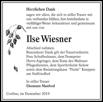 Traueranzeige von Ilse Wiesner von lausitzer_rundschau