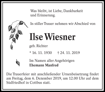 Traueranzeige von Ilse Wiesner von lausitzer_rundschau