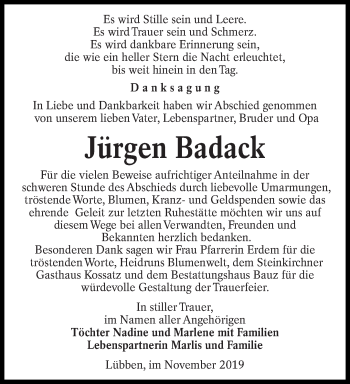 Traueranzeige von Jürgen Badack von lausitzer_rundschau