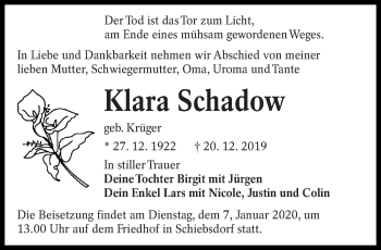 Traueranzeige von Klara Schadow von lausitzer_rundschau