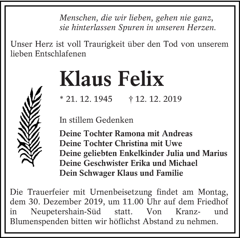  Traueranzeige für Klaus Felix vom 20.12.2019 aus lausitzer_rundschau