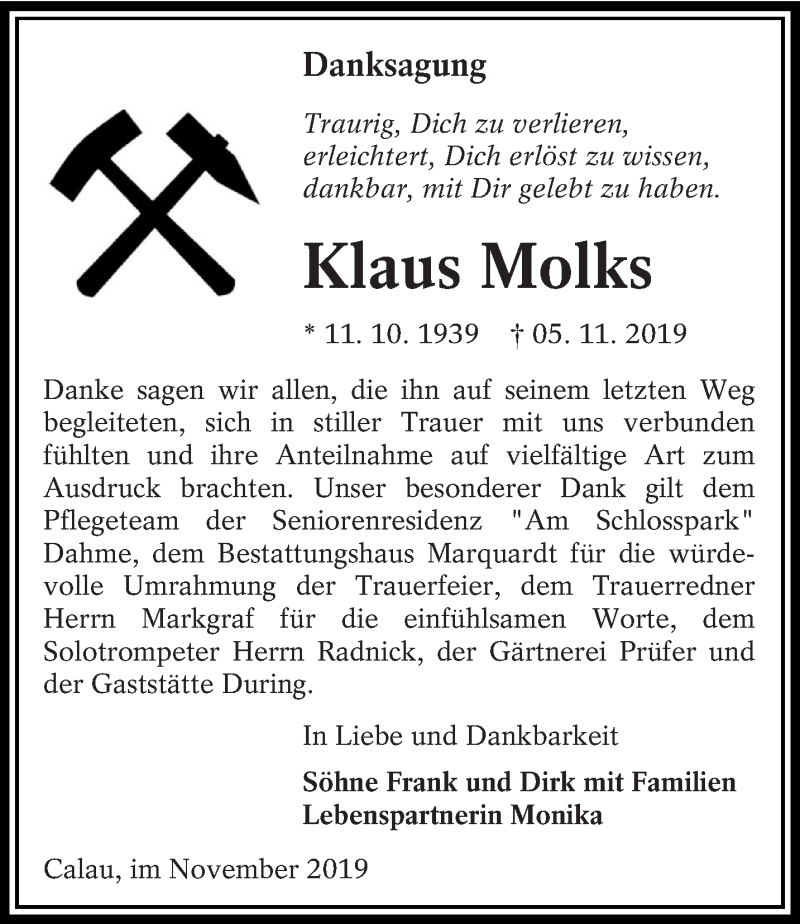  Traueranzeige für Klaus Molks vom 07.12.2019 aus lausitzer_rundschau