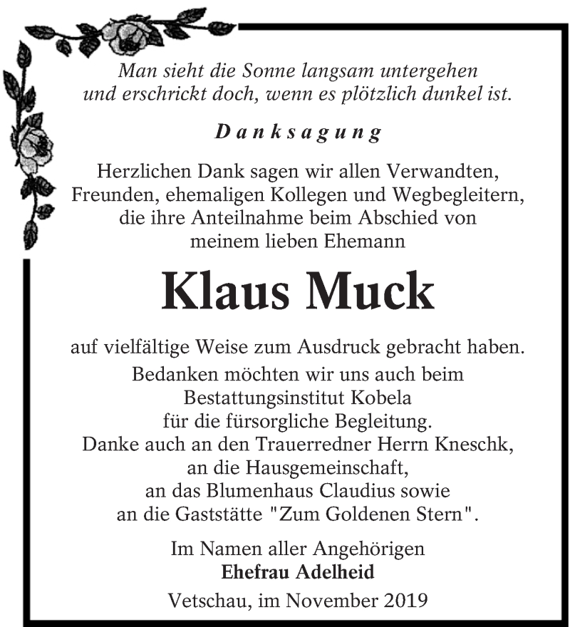  Traueranzeige für Klaus Muck vom 30.11.2019 aus lausitzer_rundschau