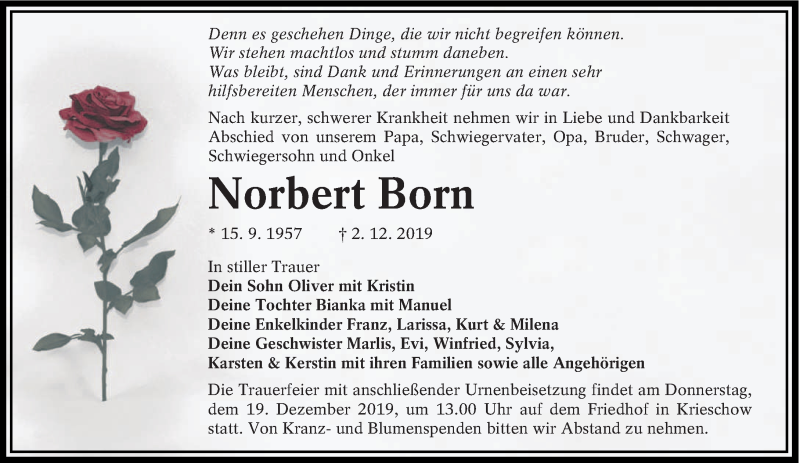 Traueranzeige für Norbert Born vom 07.12.2019 aus lausitzer_rundschau