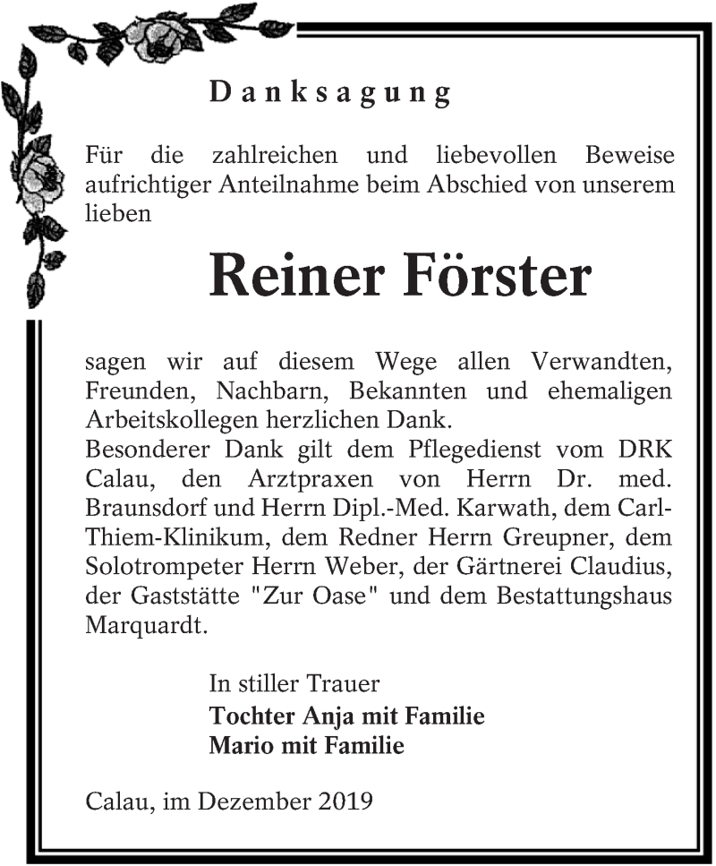  Traueranzeige für Reiner Förster vom 21.12.2019 aus lausitzer_rundschau