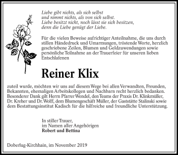 Traueranzeige von Reiner Klix von lausitzer_rundschau