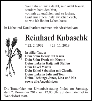 Traueranzeige von Reinhard Kubaschk von lausitzer_rundschau