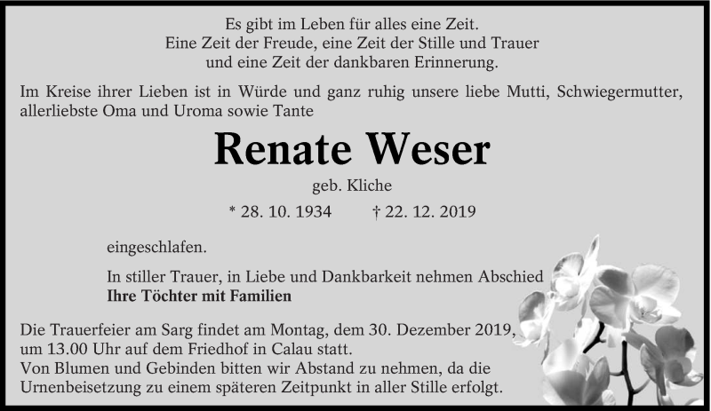  Traueranzeige für Renate Weser vom 28.12.2019 aus lausitzer_rundschau
