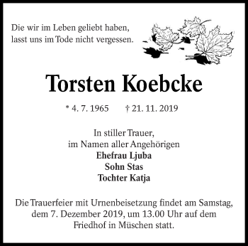 Traueranzeige von Torsten Koebcke von lausitzer_rundschau